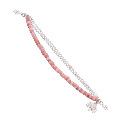 Armband aus Opalperlen - Kleeblatt-Charm an rosafarbenem Opal-Perlenarmband mit 925er Silber
