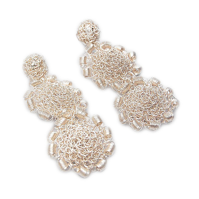 Silver dangle earrings, 'Wild Rose Duet' - Silver Wire Rosette Dangle Earrings