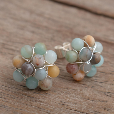 Opal cluster button earrings, 'Andean Corsage in Pastel' - Peruvian Opal and Sterling Silver Cluster Button Earrings