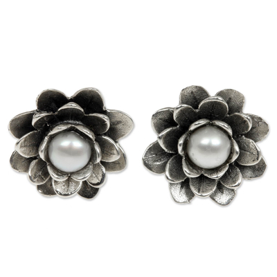 Floral Pearl and Sterling Silver Button Earrings
