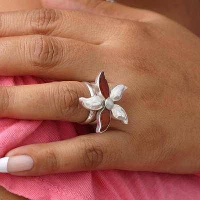 Carnelian flower ring, 'Petal Play' - Carnelian flower ring