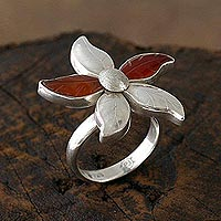 Carnelian flower ring, 'Petal Play' - Carved Carnelian Flower Ring