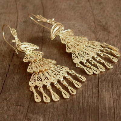 Gold vermeil chandelier earrings, 'Regal Filigree Peacocks' - Gold Vermeil Chandelier Earrings