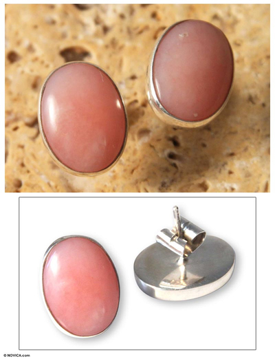 Rose quartz button earrings, 'Andean Love' - Hand Crafted Peruvian Rose Quartz Button Earrings