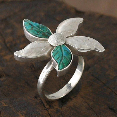 Chrysokoll-Blumenring - Floraler Chrysokoll-Ring aus Sterlingsilber mit mehreren Steinen