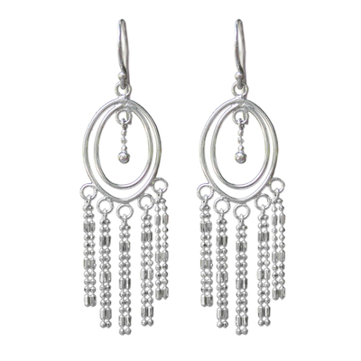 Sterling silver chandelier earrings, 'Romantic Fringe' - Sterling Silver Oval Chandelier Earrings from Thailand