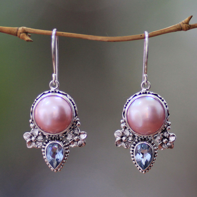 Pearl and blue topaz flower earrings, 'Love Moon' - Hand Made Pearl and Blue Topaz Dangle Earrings