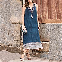 Vestido de verano de viscosa teñido anudado, 'Delhi Azure' - Vestido de verano de viscosa teñido anudado en azul de la India