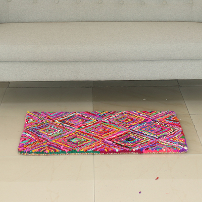Recycled fabric Chindi rug, 'Vibrant Diamonds' - Artisan Made Colorful Indian Recycled Fabric Chindi Area Rug