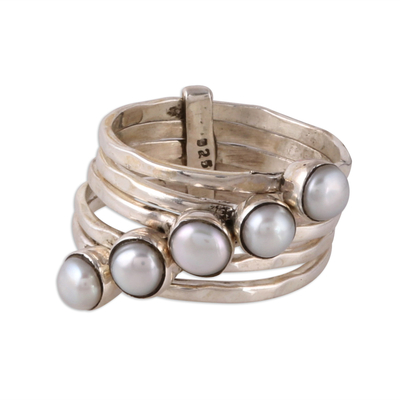 Cultured pearl cocktail ring, 'White Glow' - Cultured Pearl Cocktail Ring Crafted in India