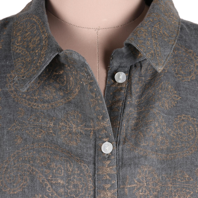 Block-printed cotton button-up shirt, 'Paisley Elegance' - Paisley Motif Block-Printed Cotton Shirt from India