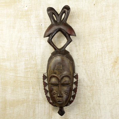 Ivoirian wood mask, 'Togetherness' - Handcrafted Ivory Coast Wood Mask
