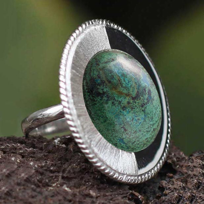 Chrysocolla cocktail ring, 'Dual Moon' - Chrysocolla Cocktail Ring