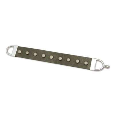 Leather wristband bracelet, 'Be Strong' - Olive Leather Wristband Bracelet with Weathered Studs