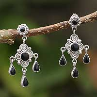 Obsidian chandelier earrings, 'Colonial Maiden' - Vintage-Look Obsidian Chandelier Earrings