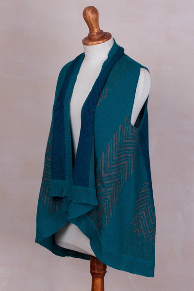 100% baby alpaca vest, 'Andean Soul' - Teal 100% Baby Alpaca Knit Vest with Asymmetrical Design