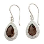 Smoky quartz dangle earrings, 'Dusky Dewdrop' - Artisan Crafted Smoky Quartz Dangle Earrings from India