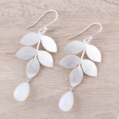 Moonstone dangle earrings, 'Misty Leaves' - Sterling Silver Leaves and Moonstone Dangle Earrings