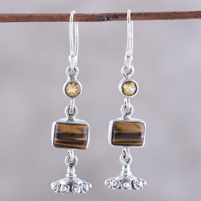 Tiger's eye and citrine dangle earrings, 'Magnificent Jhumki' - Tiger's Eye and Citrine Dangle Earrings from india