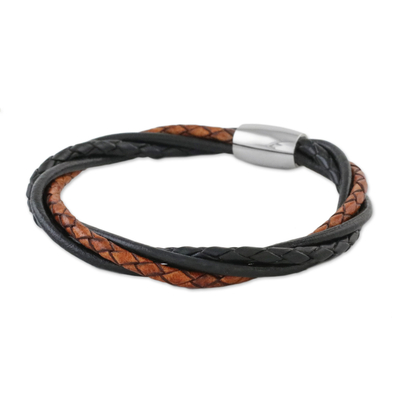 Leather wristband bracelet, 'Harmonious Braid' - Black and Brown Leather Wristband Bracelet from Thailand