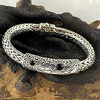 Men's onyx braided bracelet, 'Dragon Eyes' - Sterling Silver and Onyx Accent Men's Bracelet