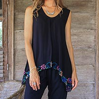 Rayon blouse, 'Flower Colors in Black'