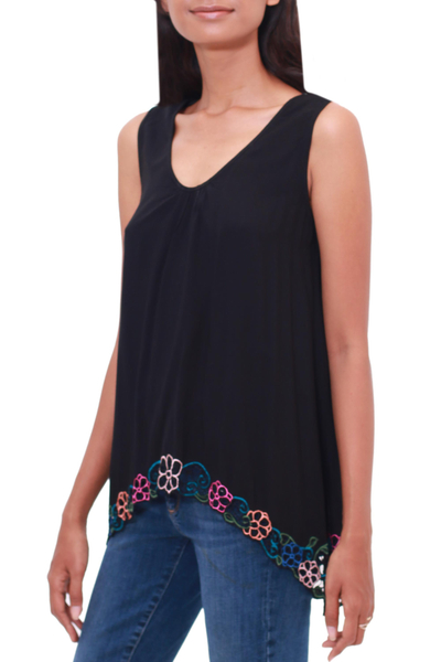 Rayon blouse, 'Flower Colors in Black' - Floral Embroidered Rayon Blouse in Black from Bali