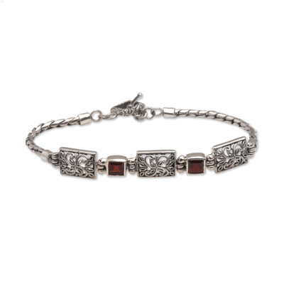 Garnet pendant bracelet, 'Kawung Blossom' - Javanese Batik Motif Pendant Bracelet with Garnets