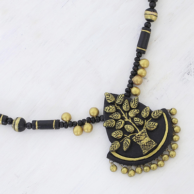 Ceramic pendant necklace, 'Tree of Wealth' - Tree-Themed Ceramic Pendant Necklace from India