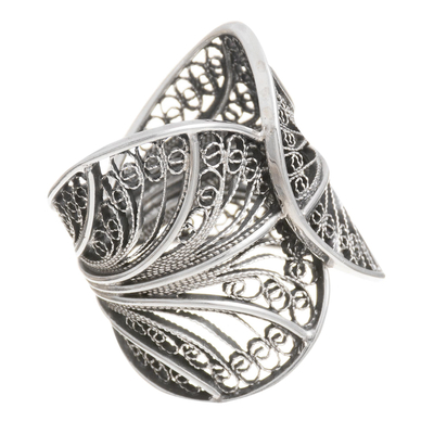 Sterling silver filigree band ring, 'Dark Windy Currents' - Oxidized Sterling Silver Filigree Band Ring from Peru