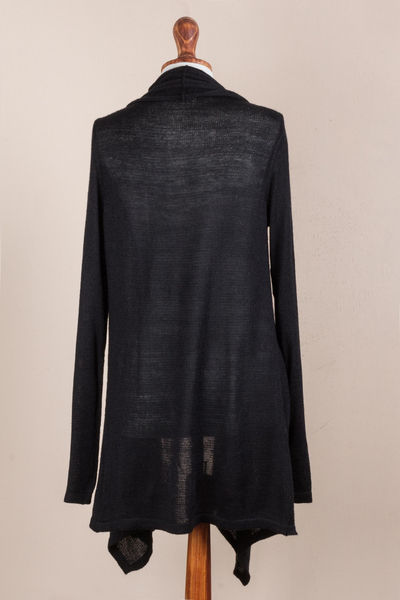 Cardigan sweater, 'Black Waterfall Dream' - Long Sleeved Black Cardigan Sweater from Peru