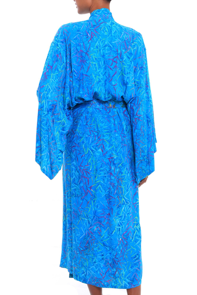 Batik rayon robe, 'Floral Breeze' - Blue and Green Batik Print Long Sleeved Rayon Robe with Belt