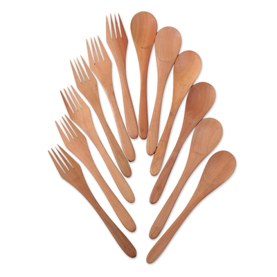 Wood fork and spoon set, 'Great Taste' (set of 12) - Hand Carved Set of Twelve Wooden Forks and Spoons