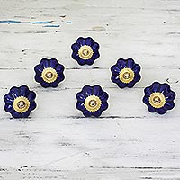 Ceramic cabinet knobs, 'Floral Beauties in Indigo' (set of 6)