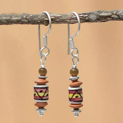 Silver and ceramic dangle earrings, 'Andean Passion' - Silver and Ceramic Dangle Earrings