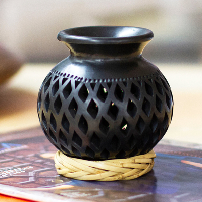 Ceramic decorative vase, 'Dark Lattice' - Openwork Motif Ceramic Decorative Vase from Mexico
