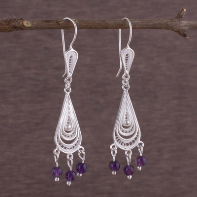 Amethyst chandelier earrings, 'Constellations' - Hand Made Amethyst and Fine Silver Filigree Earrings