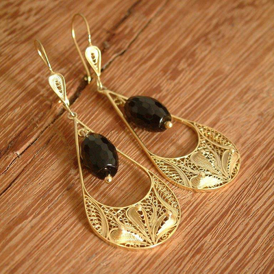 Gold vermeil onyx earrings, 'Lavish Filigree' - Gold Vermeil Onyx Earrings