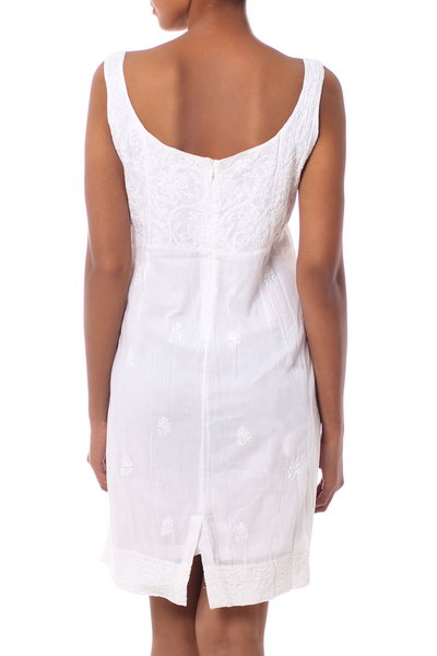Cotton dress, 'Celebration' - Hand Embroidered White Cotton Sheath