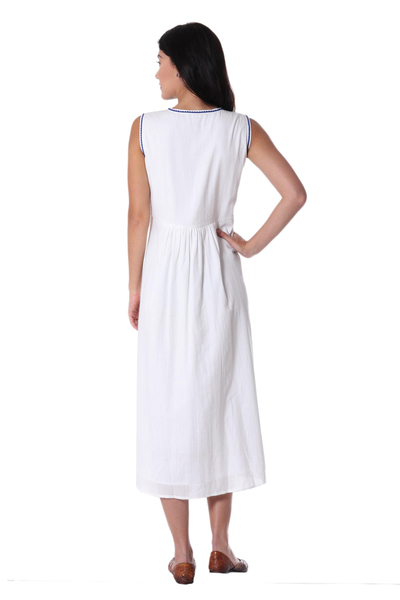 Cotton shift dress, 'Moroccan Glamour' - Cotton Shift Dress with Geometric Lapis Embroidery