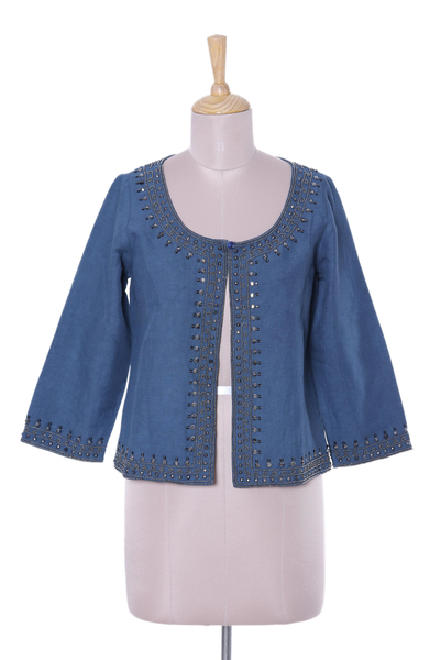 Linen and cotton blend jacket, 'Beaded Blue Elegance' - Blue Linen Cotton Blend Beaded Short Jacket