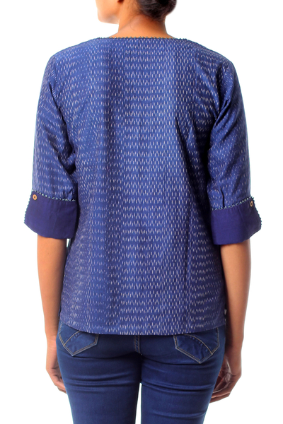 Cotton ikat tunic, 'Indigo Raindrop' - Hand Crafted All Cotton Indigo Blue Ikat Tunic for Women