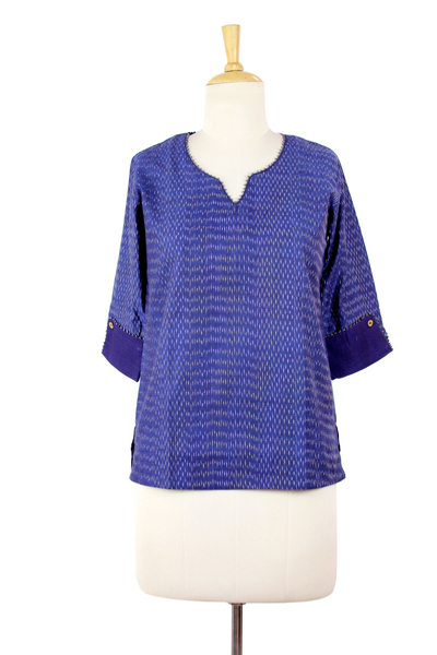 Baumwoll-Ikat-Tunika - Handgefertigte Ikat-Tunika aus reiner Baumwolle in Indigoblau für Damen