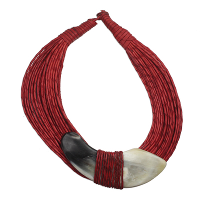 Leather and bone statement necklace, 'Ghanaian Nooma' - Ghanaian Red Leather and Bone Statement Cord Necklace