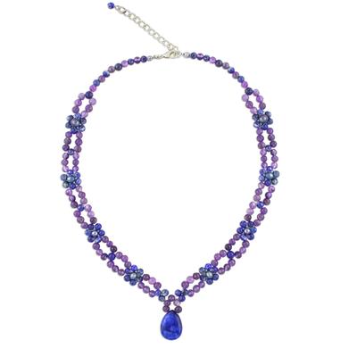 Multi-gemstone pendant necklace, 'Nature's Mystique' - Lapis Lazuli Amethyst and Quartz Necklace from Thailand