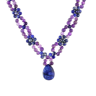 Multi-gemstone pendant necklace, 'Nature's Mystique' - Lapis Lazuli Amethyst and Quartz Necklace from Thailand