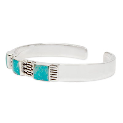 Turquoise cuff bracelet, 'Aztec Crown' - Hand Crafted Mexican Taxco Silver Cuff Natural Turquoise
