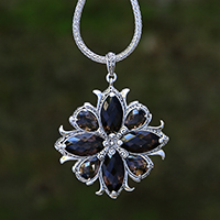 Smoky quartz pendant necklace, 'Buddha's Curl Snowflake'