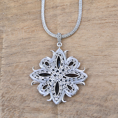 Smoky quartz pendant necklace, 'Buddha's Curl Snowflake' - Smoky Quartz Buddha Curl Necklace from Bali