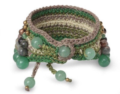 Labradorite and tourmaline wristband bracelet, 'Bangkok Lotus' - Thai Labradorite Beaded Bracelet